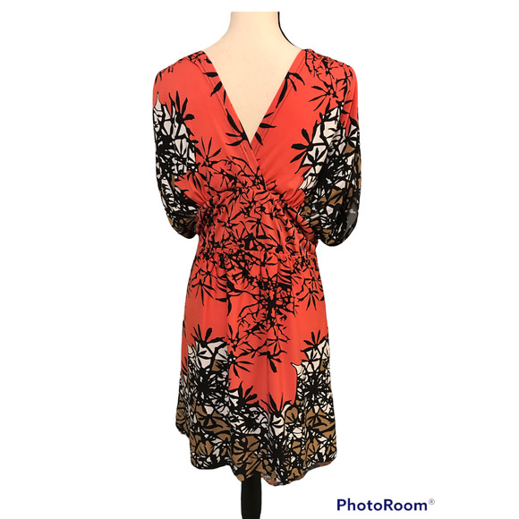 Joy Joy Orange, Black, White, Tan Floral Knee Length Dress, Size Medium - Picture 4 of 7